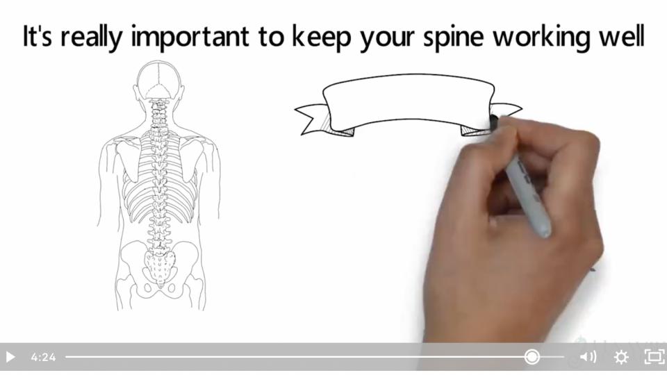 Screenshot from video showing a hand that writes „It's really important to keep your spine working well“ next to a picture of a skeleton.